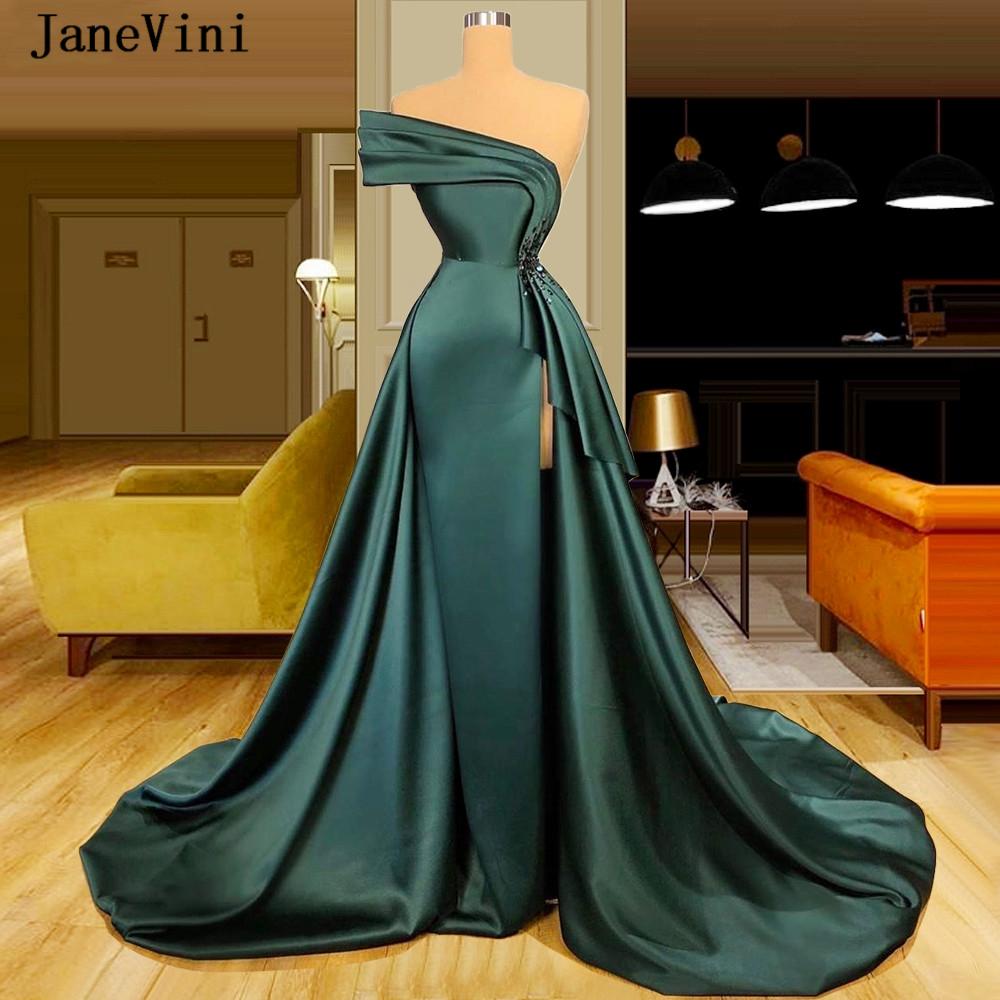 Изображение товара: Женское атласное вечернее платье JaneVini, длинное винтажное темно-зеленое мусульманское платье на одно плечо, с бусинами, без рукавов, 2020