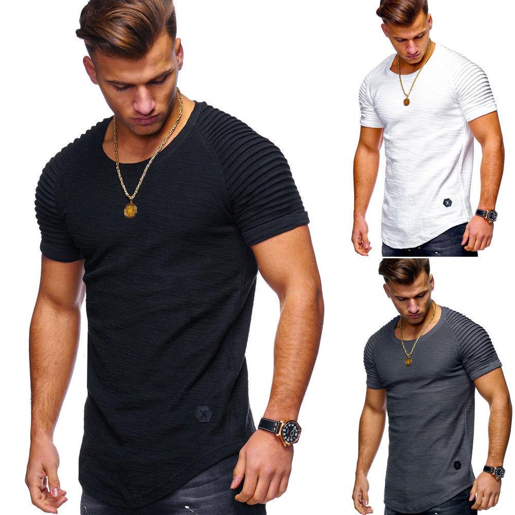 Изображение товара: Новинка 2021, летняя модная мужская футболка, облегающая Однотонная футболка с круглым вырезом и коротким рукавом, полосатая плиссированная короткая Футболка реглан, T38
