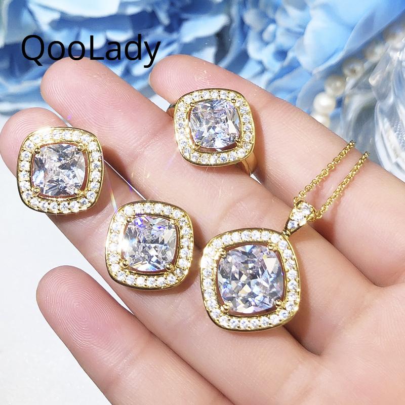 Изображение товара: QooLady новые дизайнерские ювелирные изделия белая принцесса огранка кубический циркон камень золотой цвет кулон ожерелье серьги кольцо наборы для женщин S072