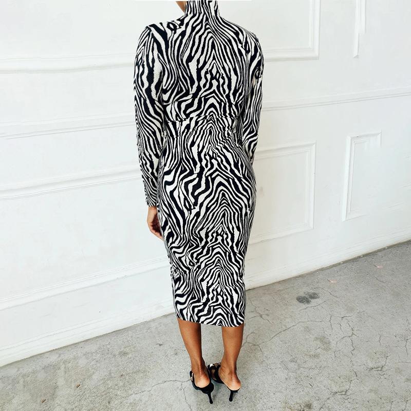 Изображение товара: Платье женское средней длины на молнии с принтом зебры, прозрачное облегающее пикантное уличное платье с длинным рукавом и дырками, Клубная одежда, осень-зима 2020