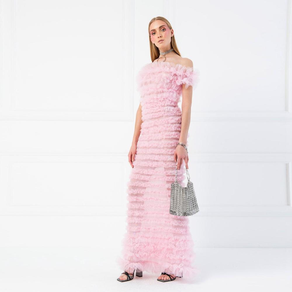 Изображение товара: Женское плиссированное платье-русалка, розовое длинное платье из тюля с открытыми плечами для выпускного вечера, индивидуальный пошив