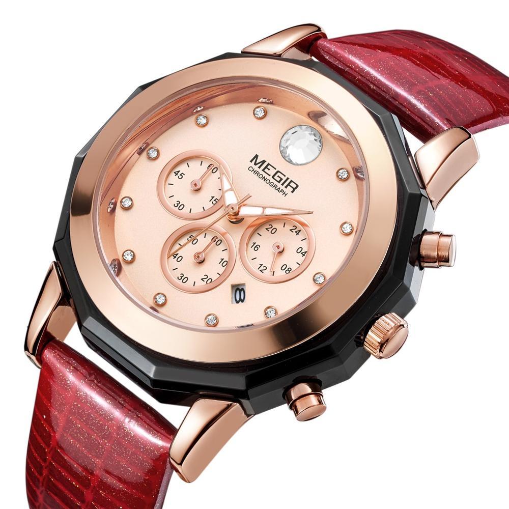 Изображение товара: Женские кварцевые часы с хронографом Megir, красные водонепроницаемые наручные часы с ремешком из натуральной кожи, 2042