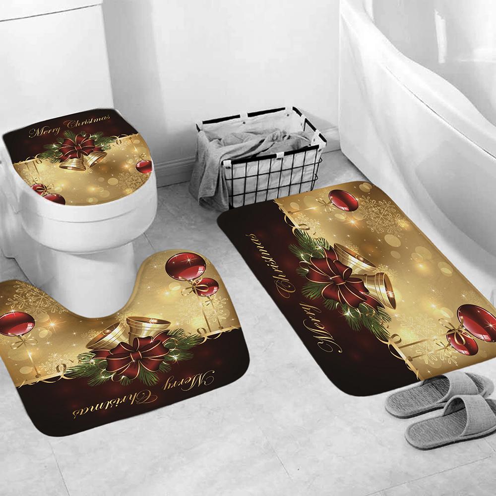 Изображение товара: Рождественская занавеска для душа, занавеска для ванной комнаты с золотым колокольчиком, чехол для сиденья унитаза, набор ковриков для ванной, нескользящий коврик, праздничное украшение