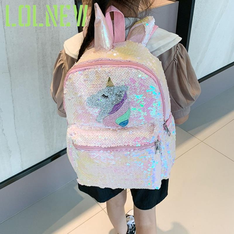 Изображение товара: Рюкзак с блестками в виде единорога, школьный ранец с мультипликационным рисунком, вместительный дорожный ранец для книг и еды на двойном ремне
