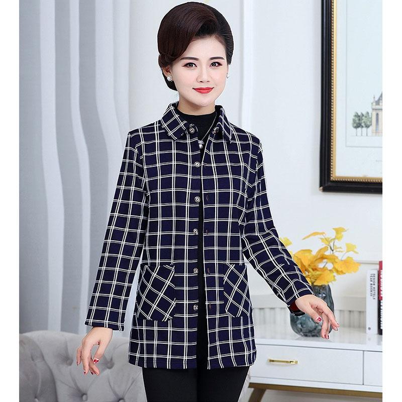 Изображение товара: Middle-aged and Elderly Women's Shirt Spring Autumn Plus Velvet Thicken Single-breasted Plaid Jacket Female Blouse Tops 2020 W21