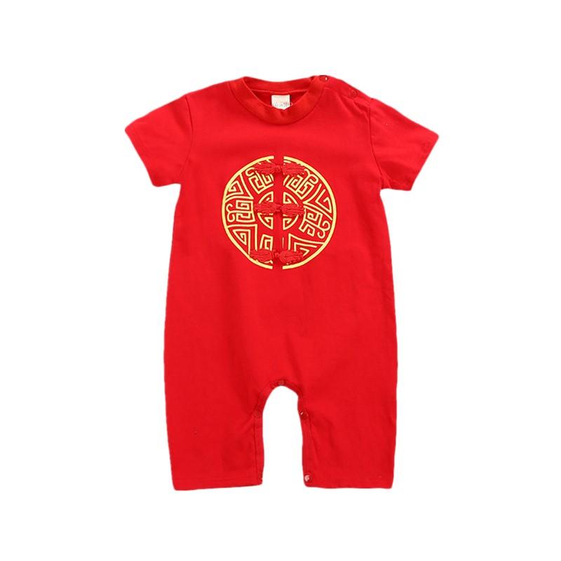 Изображение товара: Комбинезоны унисекс для младенцев, китайский детский красный цельный костюм с вышивкой Тан, костюмы с носками и шапочкой, детские комбинезоны с драконом для мальчиков и девочек