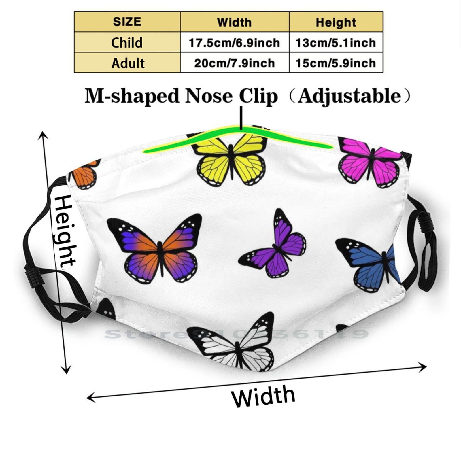 Изображение товара: Бабочки Дизайн Пылезащитный фильтр смываемая маска для лица дети бабочки оранжевый желтый розовый фиолетовый синий зеленый белый