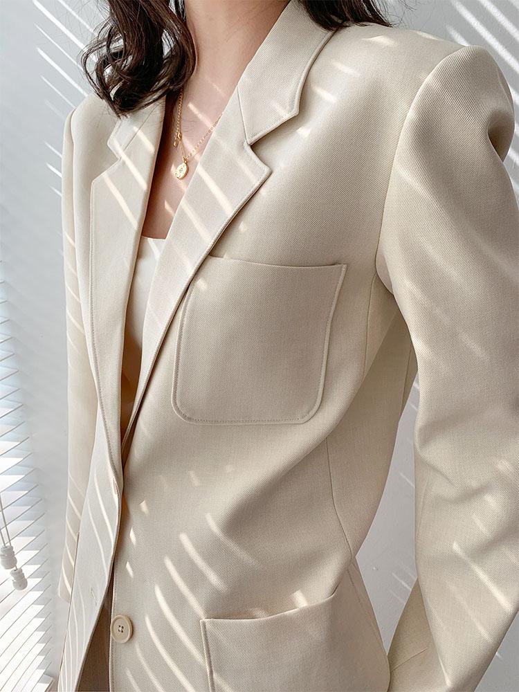 Изображение товара: Пиджак женский однотонный с карманами, винтажный бежевый Блейзер, удобные офисные Костюмные куртки, верхняя одежда, шикарные блейзеры, 2020