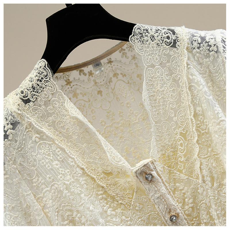 Изображение товара: Укороченные кружевные блузки, Женская однобортная короткая кружевная рубашка с V-образным вырезом и кофточкой, женские универсальные базовые Топы, шикарные кружевные блузки