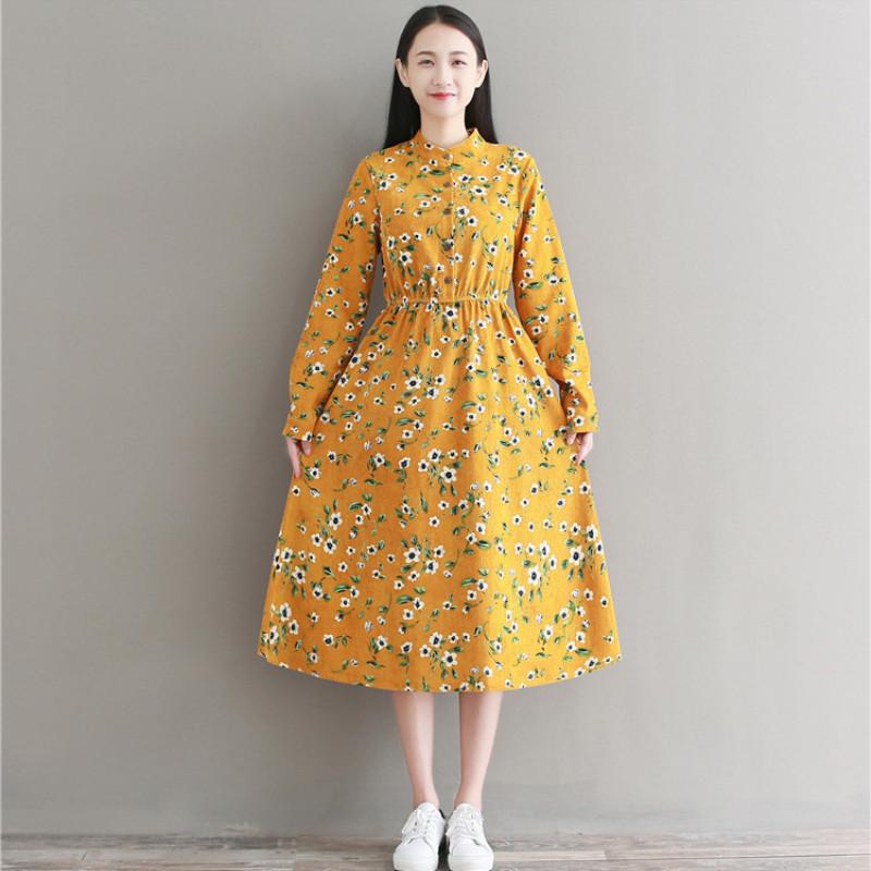Изображение товара: Женское вельветовое платье с длинным рукавом, Повседневное платье с высокой эластичной талией и цветочным принтом, женское платье, осень 2020