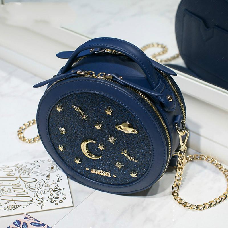 Изображение товара: Модная круглая женская сумка через плечо со звездным небом, Женская мини-кошелек, повседневные сумки-мессенджеры на молнии, дорожные сумки для покупок