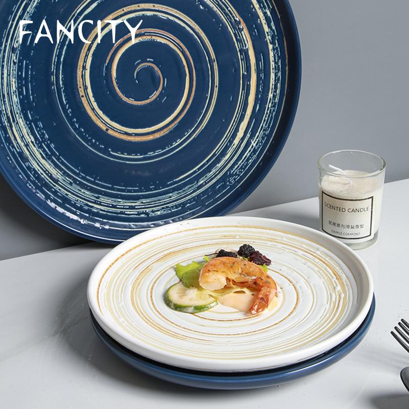 Изображение товара: Креативная керамическая Бытовая тарелка для закусок FANCITY, тарелка для фруктов, тарелка для стейка, круглая плоская тарелка