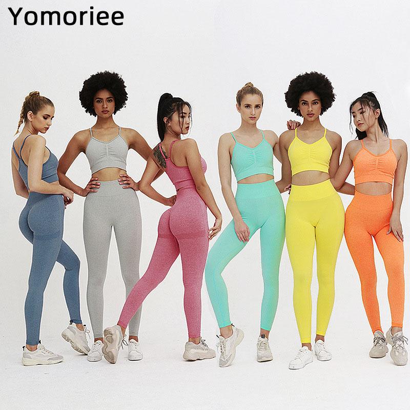 Изображение товара: Сексуальный женский комплект для йоги, спортивная одежда с высокой талией для подтяжки ягодиц, спортивный тренировочный комплект из бюстгальтера и брюк, дышащий Yomoriee