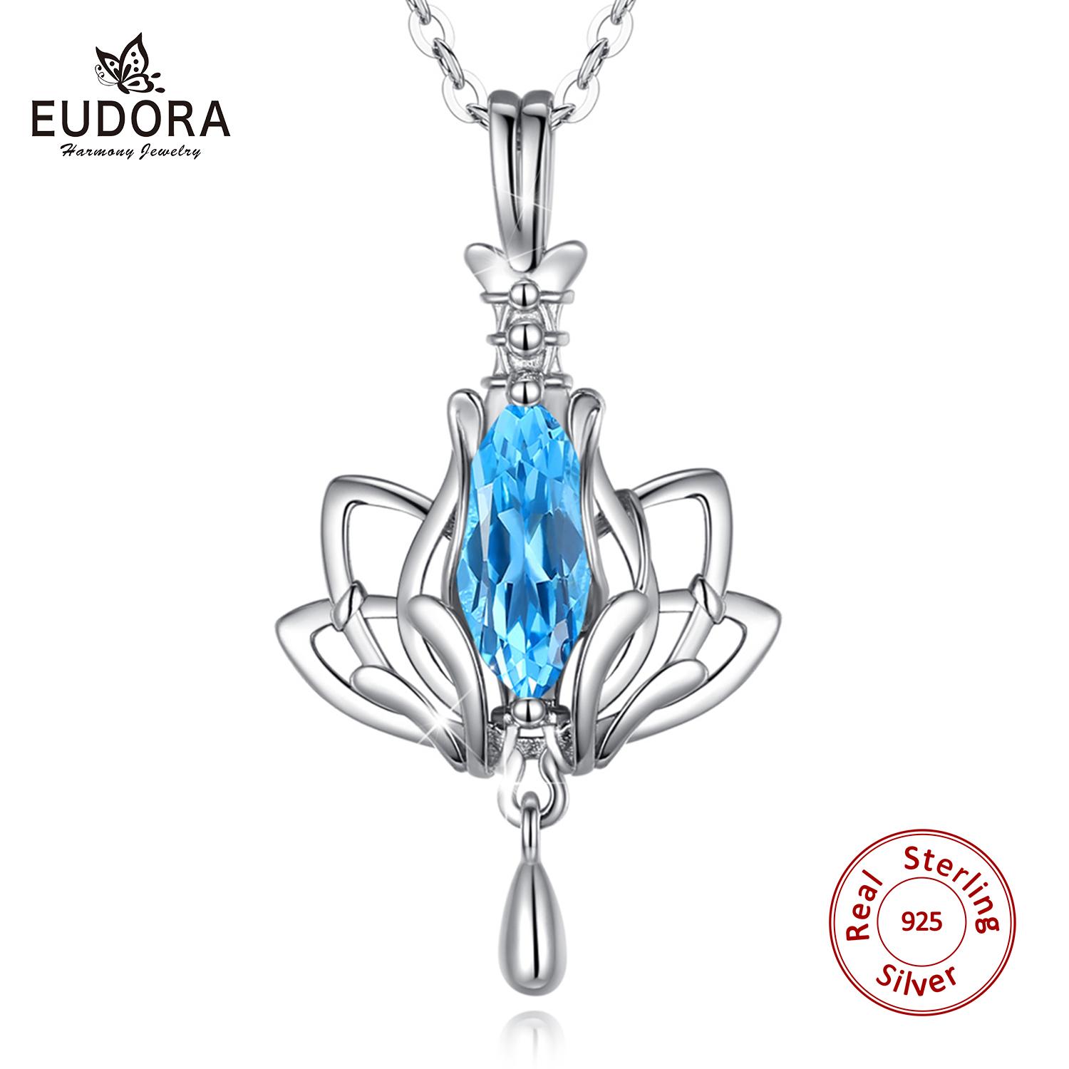 Изображение товара: EUDORA Настоящее серебро 925 пробы ожерелье лотоса кулон с синим AAA кубическим цирконием цветок ювелирные изделия с коробкой женские ювелирные изделия D594