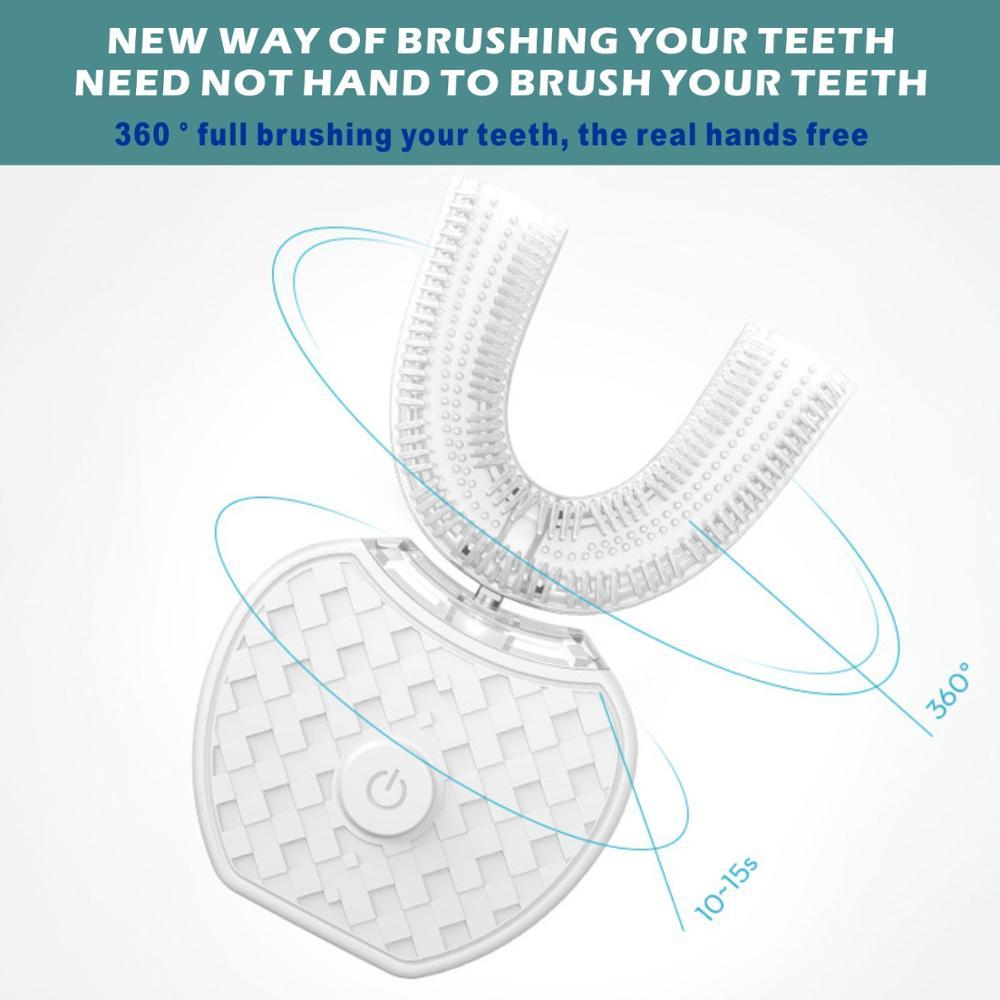 Изображение товара: Ультразвуковая U-образная зубная щетка 360 градусов, Умная Автоматическая звуковая электрическая зубная щетка, синий светильник, USB зарядка, отбеливание зубов