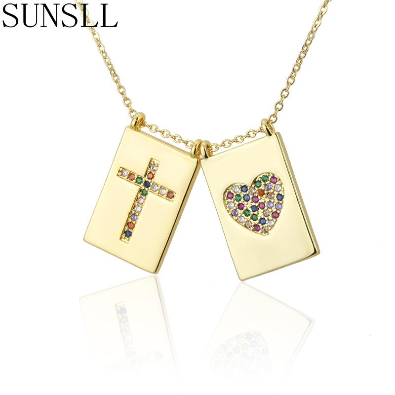Изображение товара: SUNSLL новые золотые модные бирки ожерелье смешанный кубический циркон крест/сердце кулон для женщин вечерние квадратные ювелирные изделия ожерелье Подарки