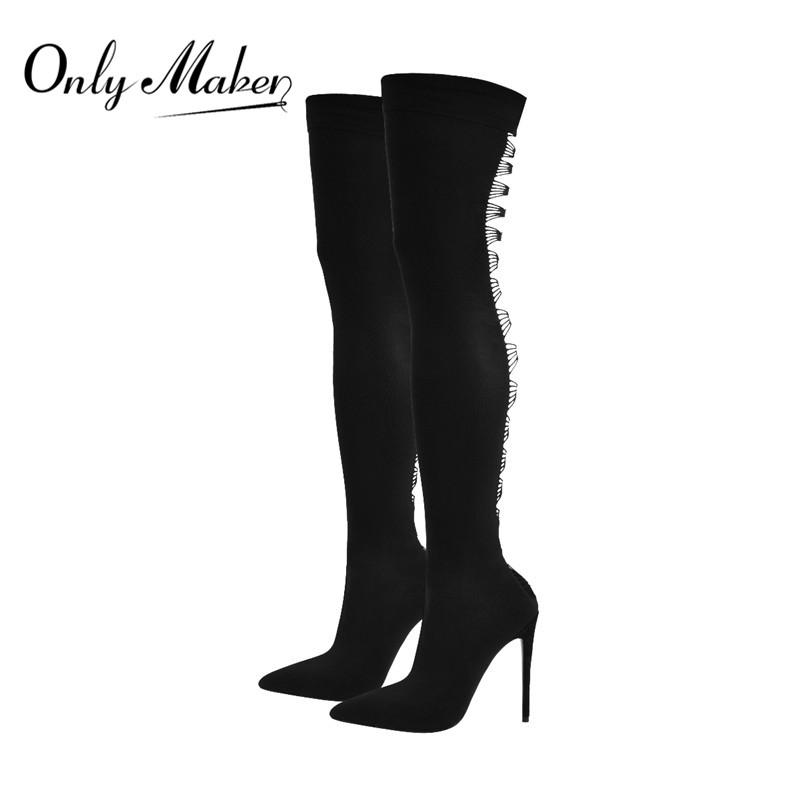 Изображение товара: Женские сапоги Onlymaker с острым носком, черные, выше колена, Стрейчевые носки, сексуальные модные чулки, сексуальные длинные сапоги