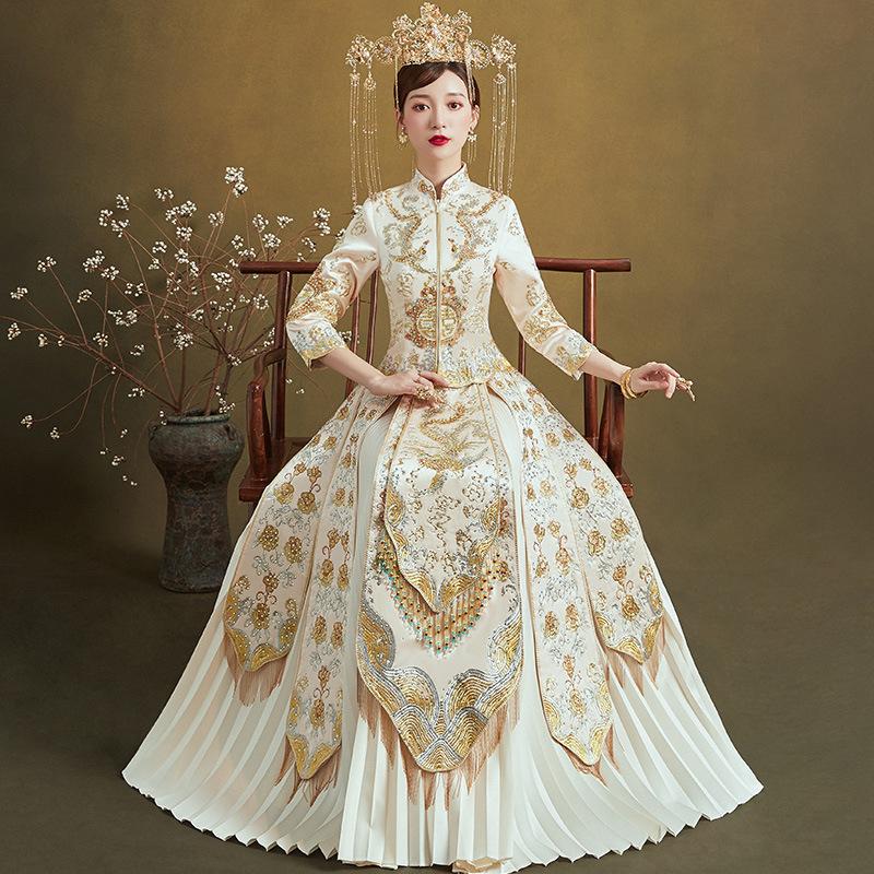 Изображение товара: Женское атласное платье, традиционное атласное платье с вышивкой цвета шампанского, свадебное платье в классическом стиле