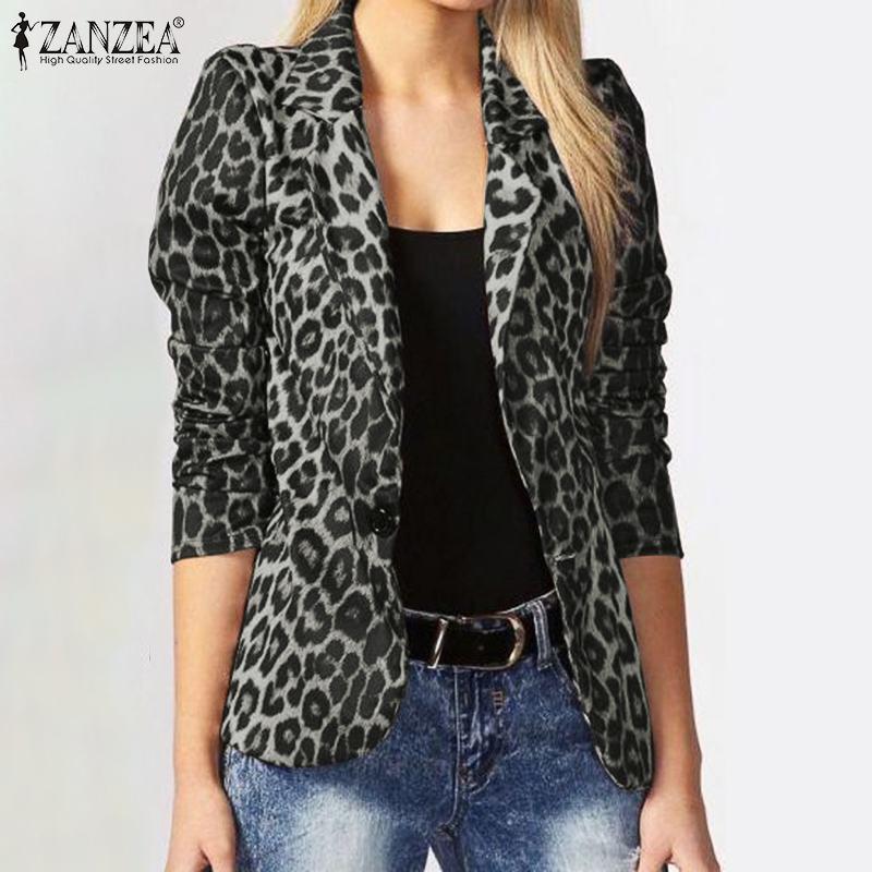Изображение товара: Женский блейзер ZANZEA, модные женские офисные костюмы на весну и осень, Женское пальто с леопардовым отворотом, верхняя одежда на одной пуговице, 2022