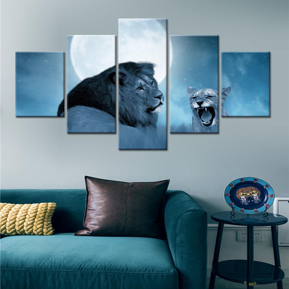 Изображение товара: Настенные художественные картины из 5 частей с изображением животных, современные декоративные цветные плакаты с изображением Льва, HD принты для гостиной, домашнего декора