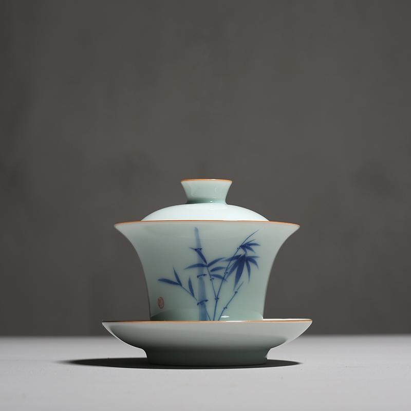 Изображение товара: Ручная роспись, керамическая чашка с крышкой из селадона, чайная чашка, чашка санкai Gaiwan, чайная чаша, кунг-фу, набор для красного чая и Пуэра, чайные чашки для дома