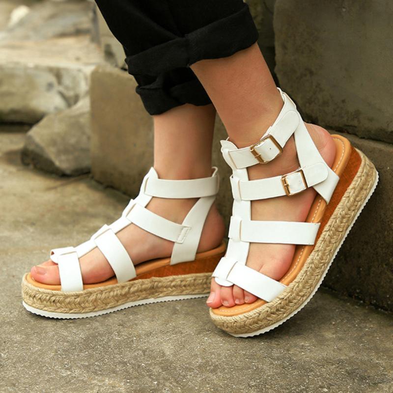 Изображение товара: New Platform Woman Shoes Open Toe Ladies Leather Linen Solid Color Sandals Summer Shoes Fashion Buckle Women Sandals