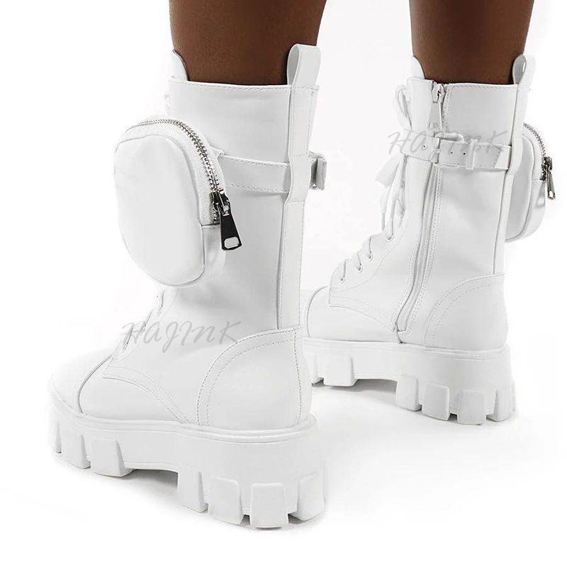 Изображение товара: Женские ботинки на платформе, белые ботинки на массивном каблуке, с карманами, Осень-зима, 2020