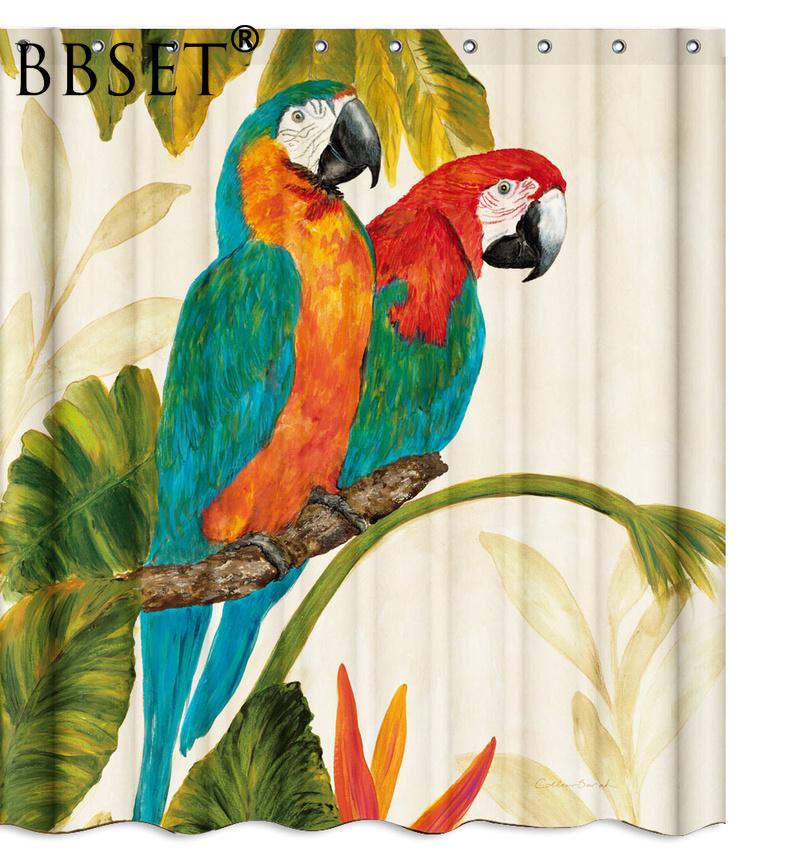 Изображение товара: Занавеска для душа с изображением птиц, два попугая, прикрепленные на ветке, водонепроницаемая, многоразмерная, для ванной комнаты, с 12 крючками