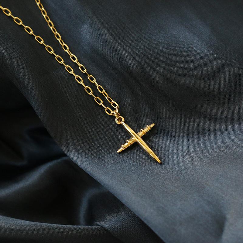 Изображение товара: Женское винтажное ожерелье из нержавеющей стали, Элегантное длинное ожерелье с золотым крестом в минималистическом стиле, осенне-зимняя бижутерия