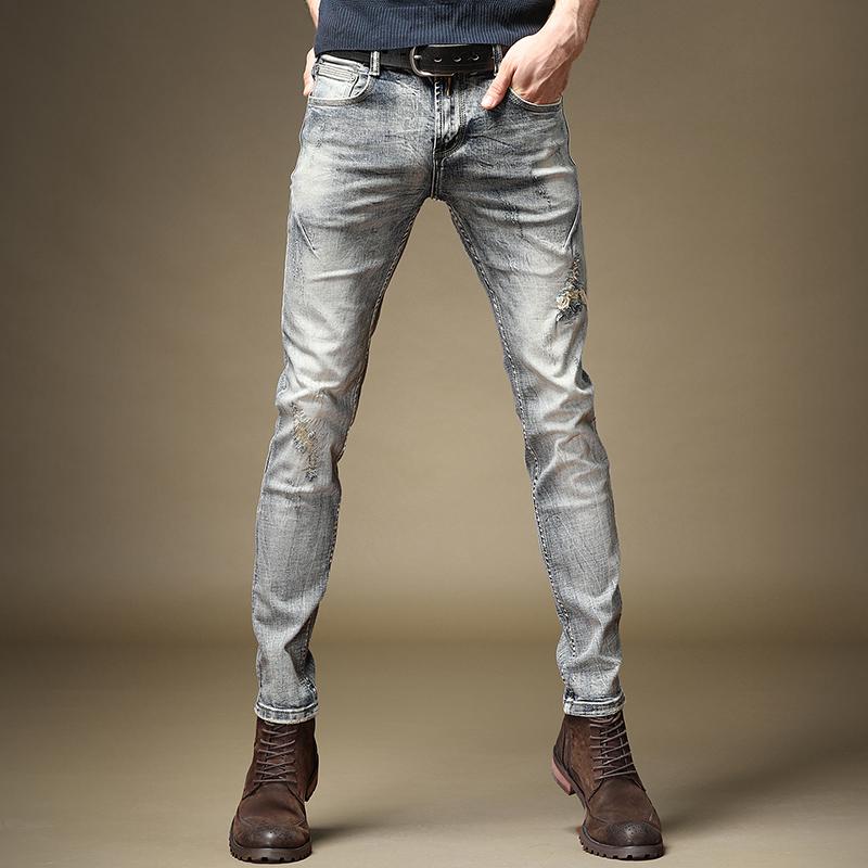 Изображение товара: Бесплатная доставка, новинка, мужские высококлассные джинсы, осень 2020, модные облегающие Красивые Старые классические рваные джинсовые брюки в стиле ретро