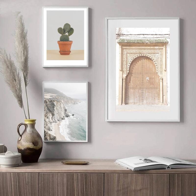 Изображение товара: Настенная картина с розовой марокканской аркой, Постер в скандинавском стиле с изображением Морского Пейзажа, кактуса, бежевая Мятная Пастельная галерея, домашний декор