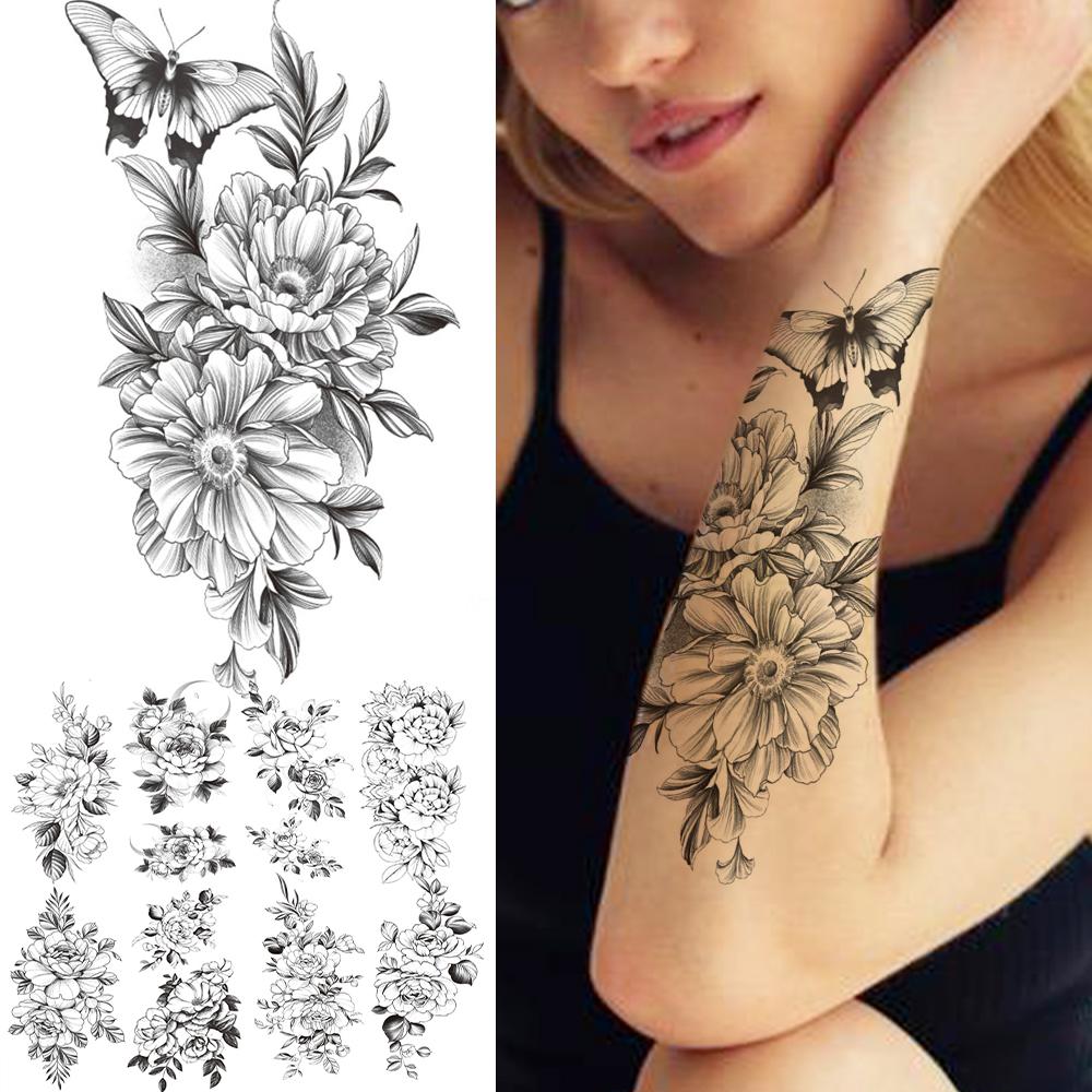 Изображение товара: Черный Пион реалистичные поддельные татуировки для женщин Женский укол бабочка Роза временная татуировка наклейка водостойкие татуировки предплечье
