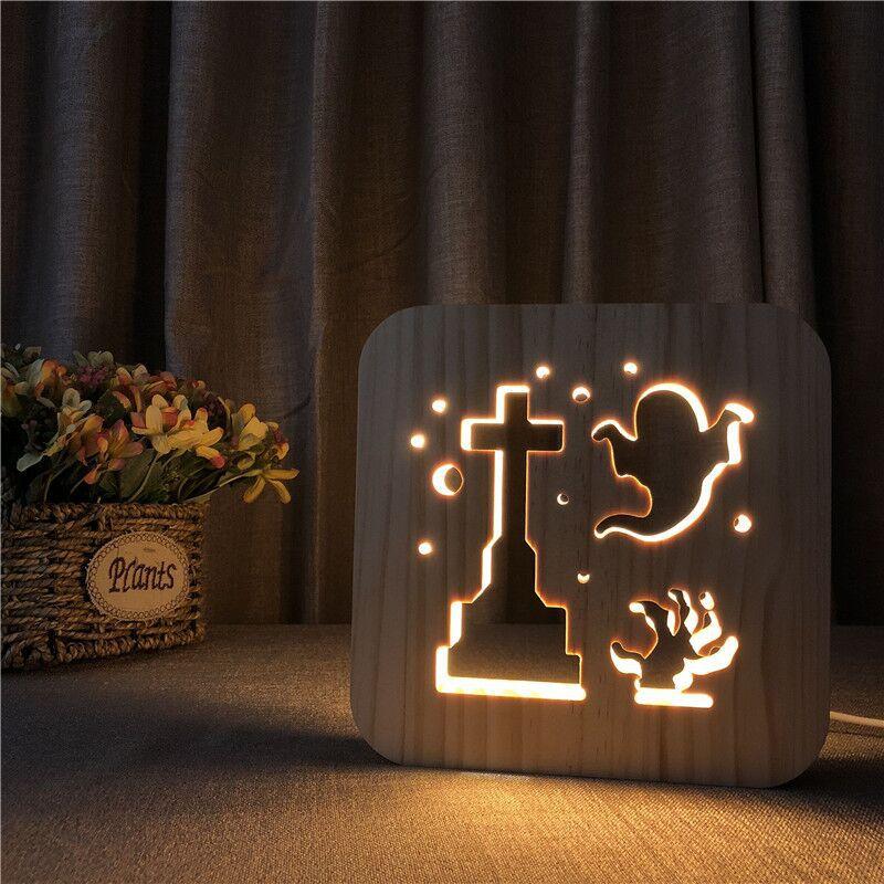 Изображение товара: 3d Светодиодная деревянная лампа в форме призрака, украшения для хэллоуивечерние, ночник с теплым белым светом для дома, прикроватные настольные лампы, креативные подарки