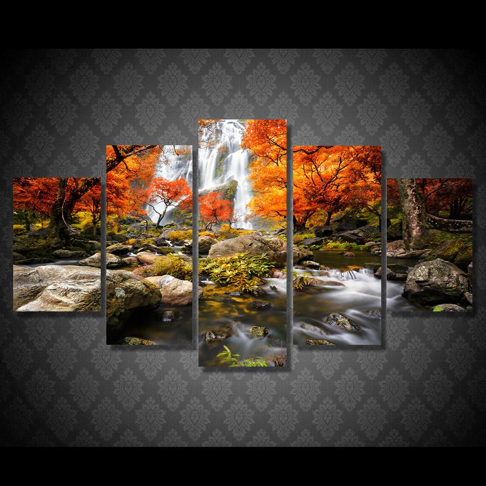 Изображение товара: 5 панелей Холст Искусство осень природа озеро лес водопад пейзаж холст домашний декор холст живопись рамки плакат