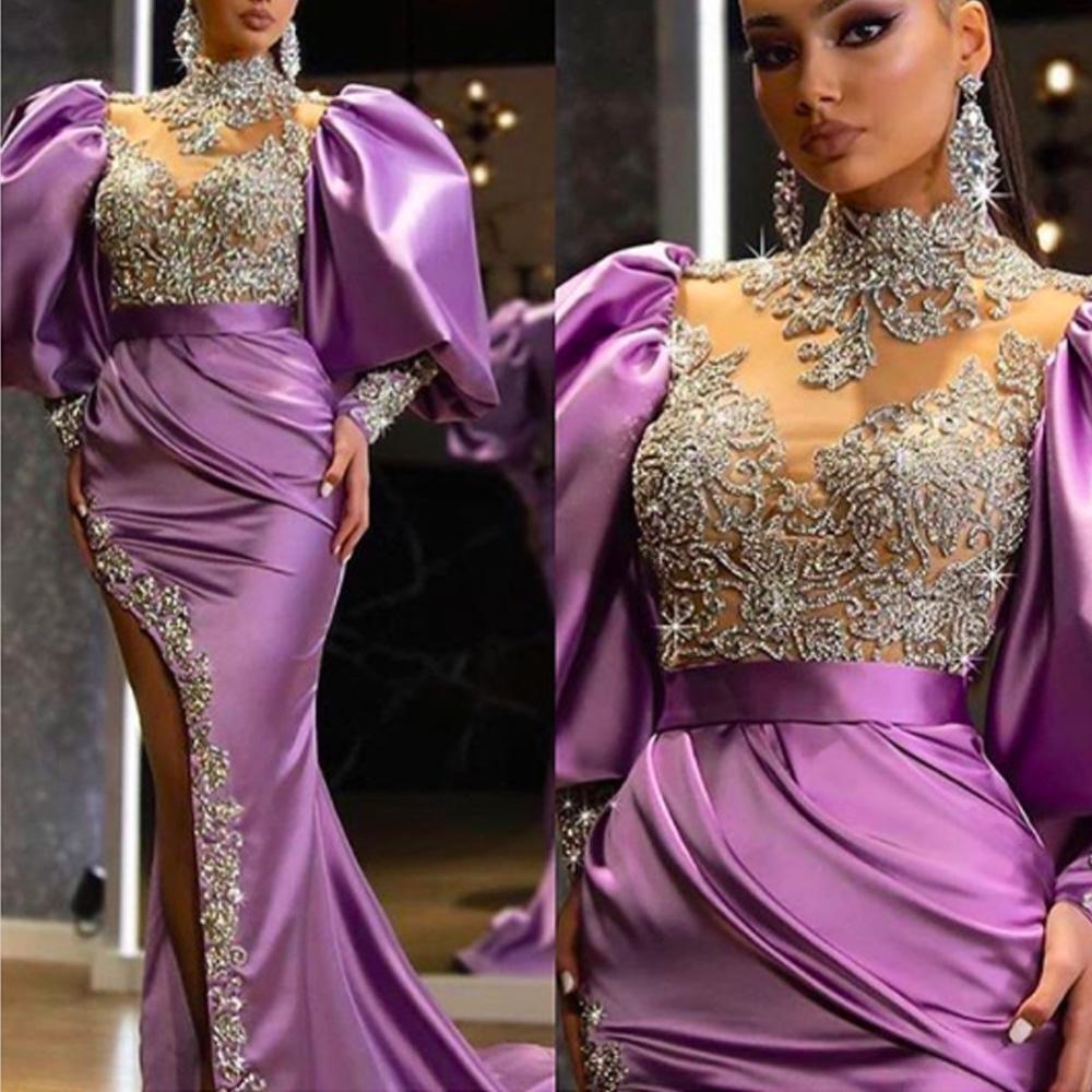 Изображение товара: Атласные Длинные вечерние платья, фиолетовые платья для выпускного вечера, с высоким воротом, длинным рукавом, с разрезом сбоку, 2021