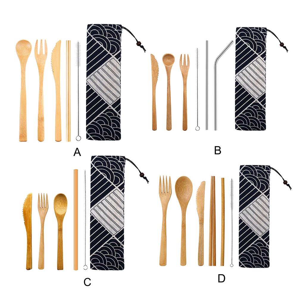 Изображение товара: Японский стиль деревянные бамбуковые столовые приборы набор посуды вилка ложка набор ножей Изысканная посуда для пикника с тканевым мешком