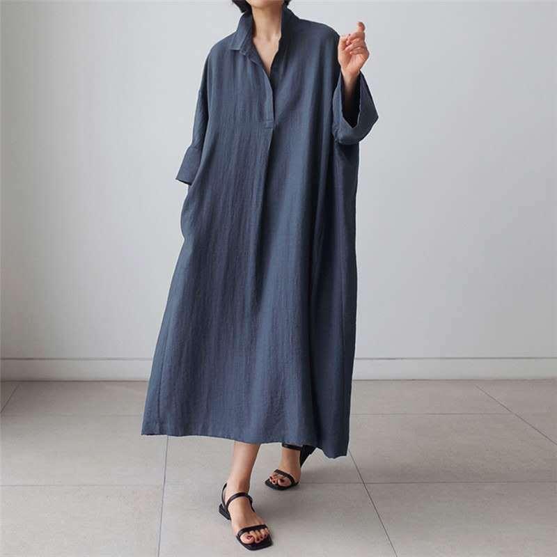Изображение товара: Женское платье с рукавом «летучая мышь» Johnature, однотонное свободное платье в Корейском стиле с отложным воротником и карманами для осени, 2022