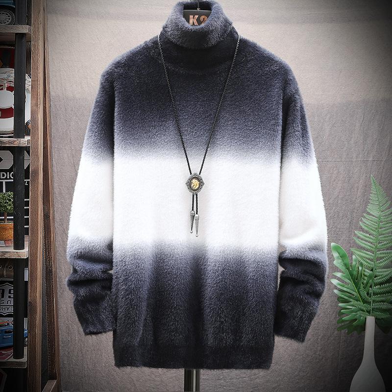 Изображение товара: #5804 осенне-зимний мужской свитер Mahair, облегающий теплый свитер с высоким воротом, вязаная одежда, Мужской базовый Мужской пуловер, свитеры с градиентным цветом