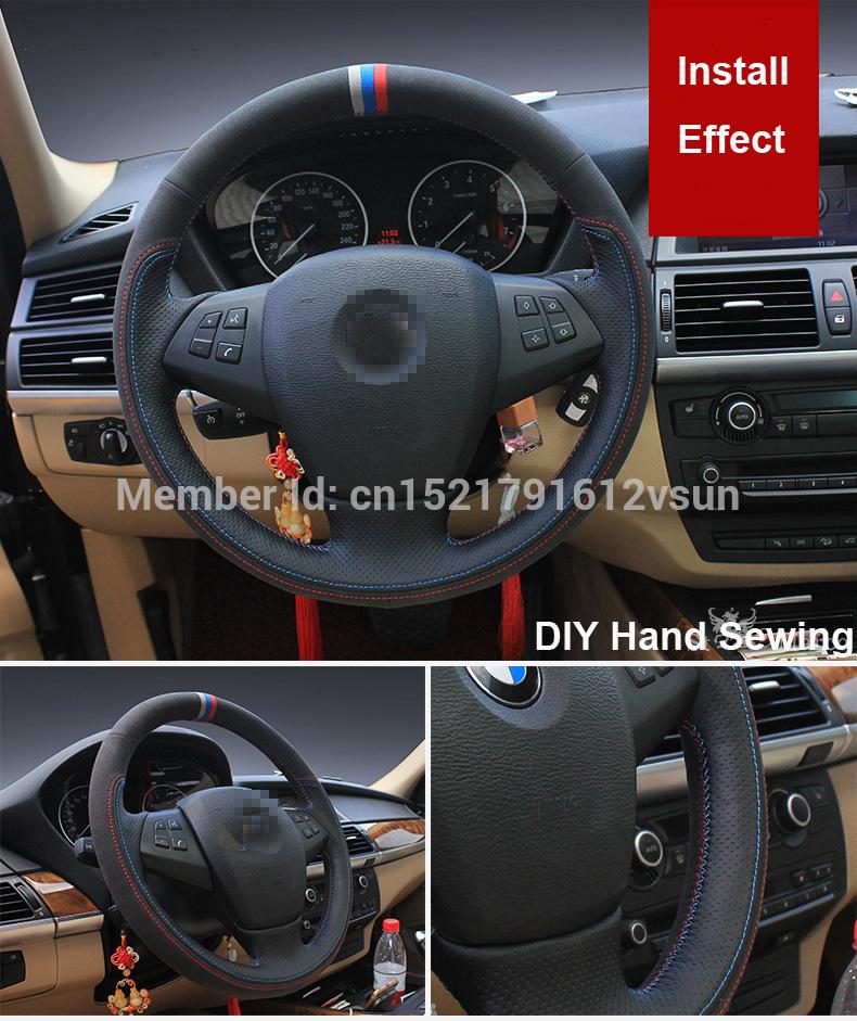 Изображение товара: Чехол на руль для BMW X5, прошитая вручную Нескользящая черная кожа, черная замша, синяя, Красная Нить, «сделай сам»