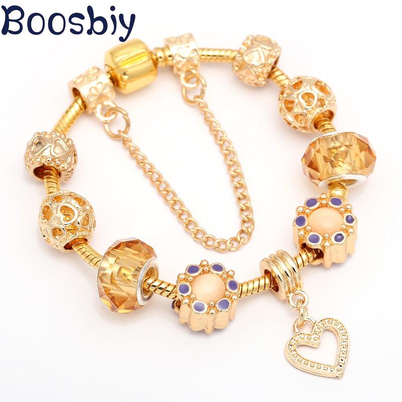 Изображение товара: Boosbiy подлинный европейский стиль золотые бусины в форме сердца подходит для брендовых шармов браслет для женщин Сделай Сам модные браслеты для любимой подарок