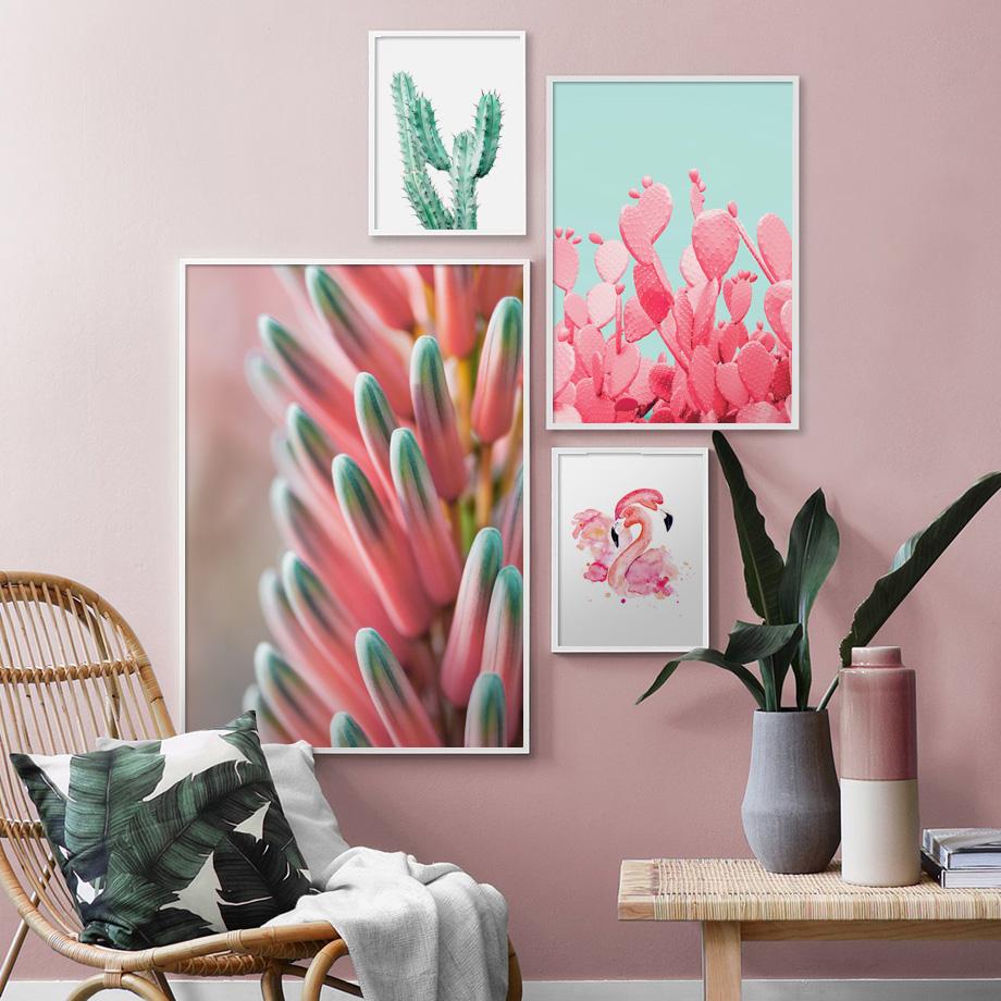 Изображение товара: Розовый кактус, фламинго, цветок, растение, Настенная картина, холст, скандинавские плакаты и принты, настенные картины для гостиной, домашний декор