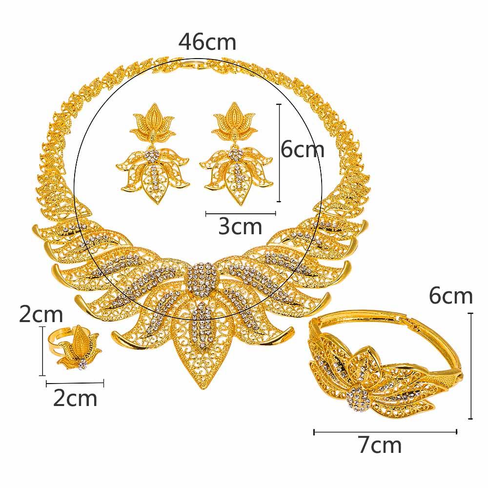 Изображение товара: Африканский роскошный золотой сет Дубай ювелирные наборы для невест, для женщин, Браслет Серьги Свадебная вечеринка кристалл ожерелье кольцо ювелирные наборы