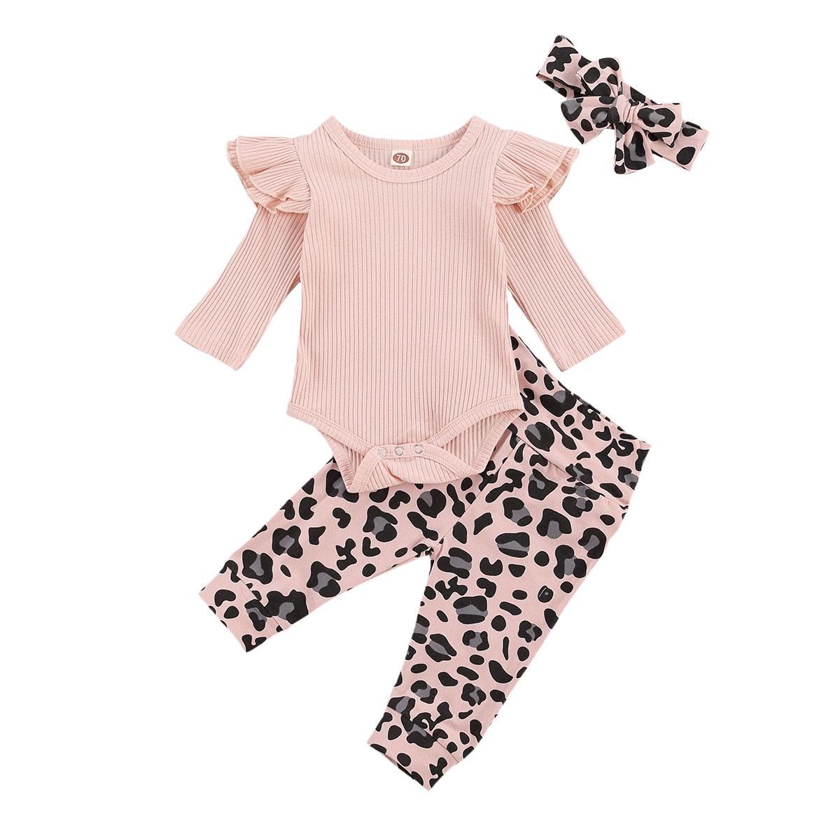Изображение товара: Осенняя одежда для новорожденных девочек 0-24 месяцев, однотонный комбинезон с летающим рукавом и леопардовые брюки с повязкой на голову