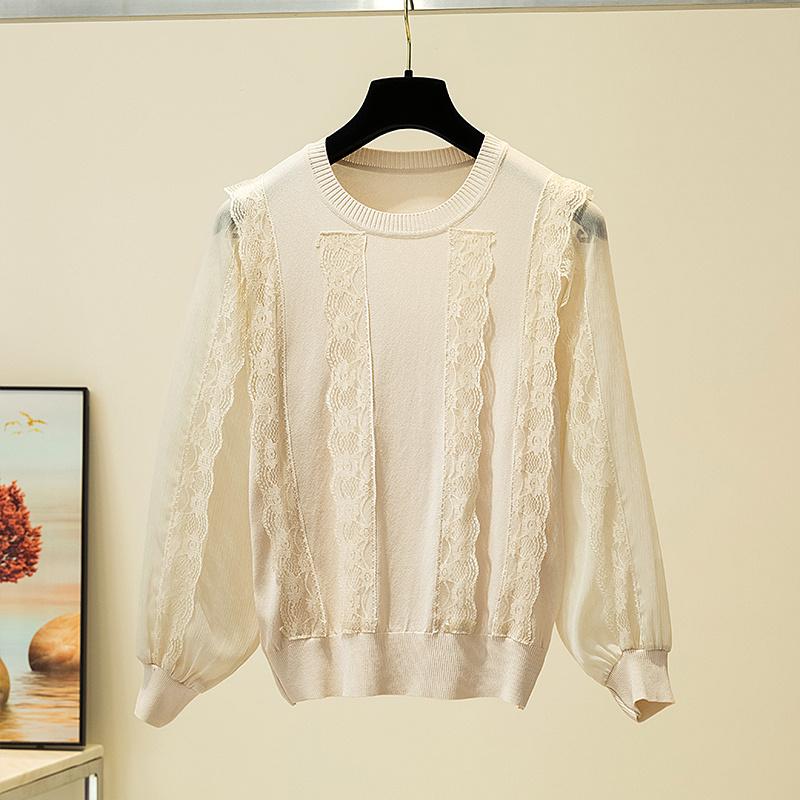 Изображение товара: Осенняя элегантная белая блузка с оборками, Женская Корейская черная рубашка с длинным рукавом, Женская кружевная вязаная женская блузка в стиле пэчворк, 2021, 11730