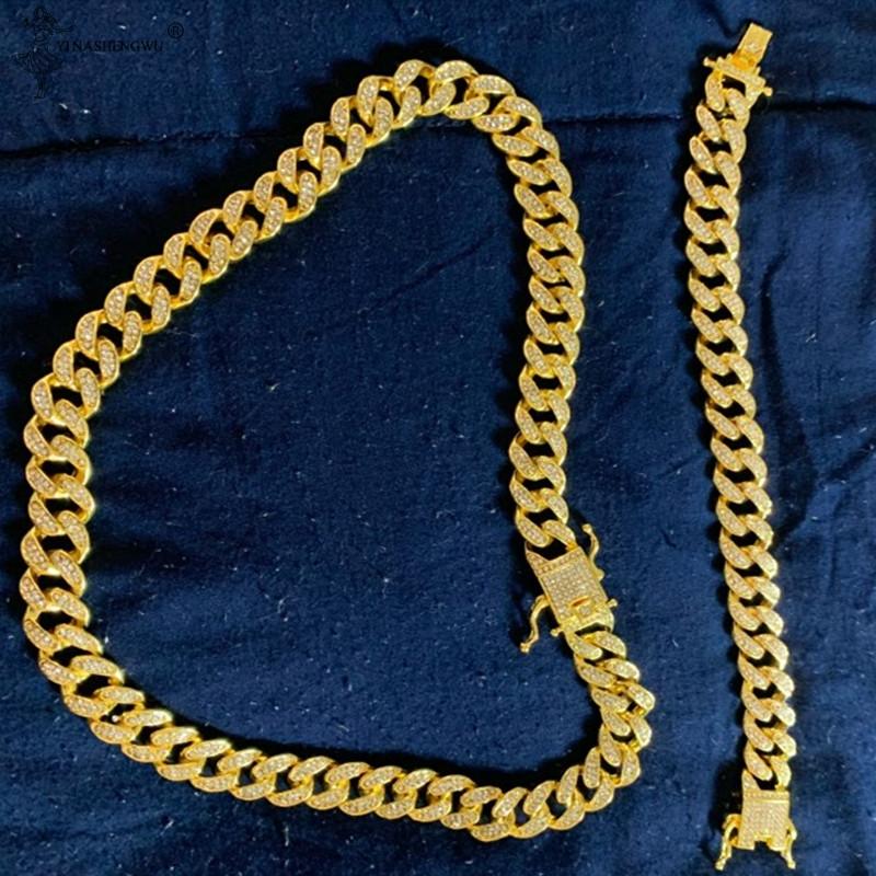 Изображение товара: Ожерелья в стиле хип-хоп, украшения Стразы, кубинская цепь Майами, золотое ожерелье, браслет, набор для мужчин и женщин