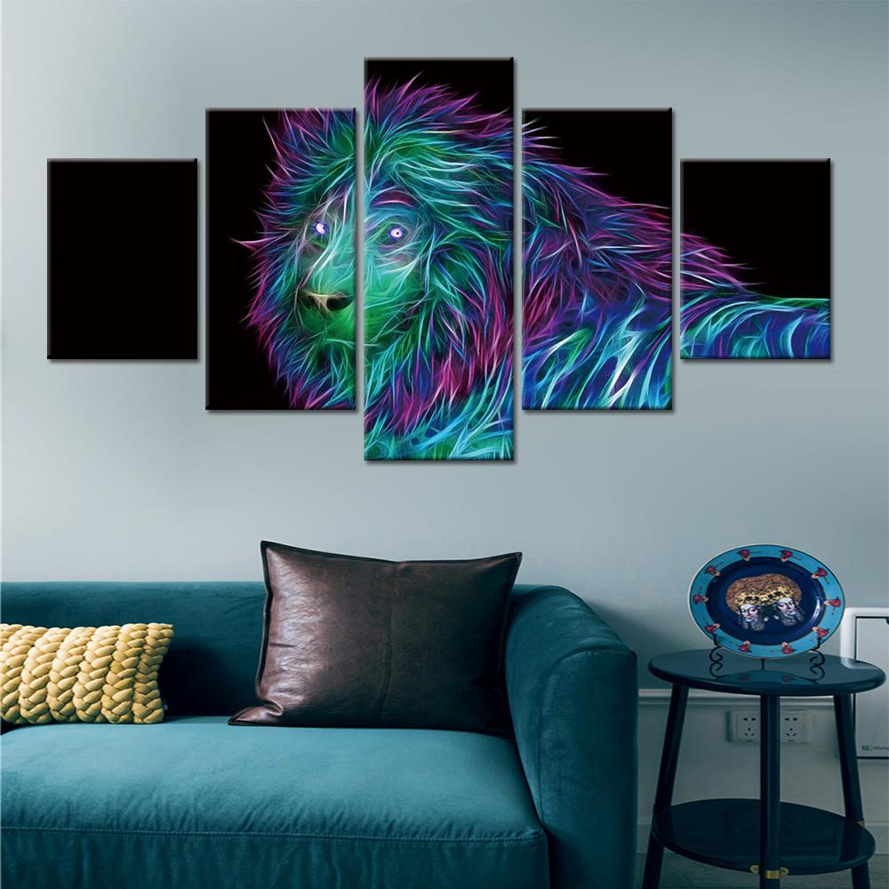 Изображение товара: Настенные художественные картины из 5 частей с изображением животных, современные декоративные цветные плакаты с изображением Льва, HD принты для гостиной, домашнего декора