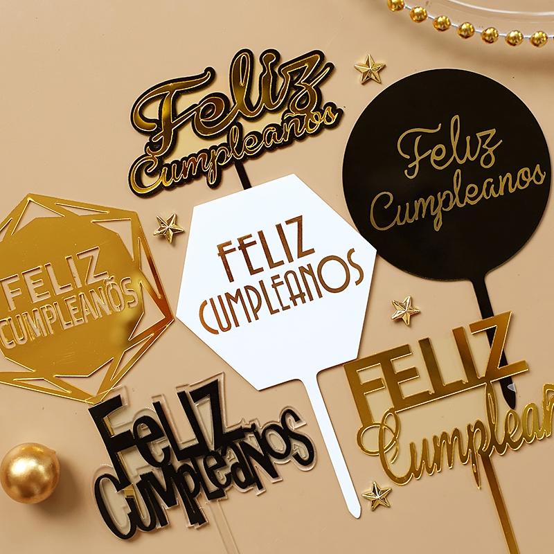 Изображение товара: Feliz cumpleaños. Золотой, серебряный, черный Español акриловый Топпер для торта «С Днем Рождения» на испанском языке для вечерние украшения, принадлежности для выпечки