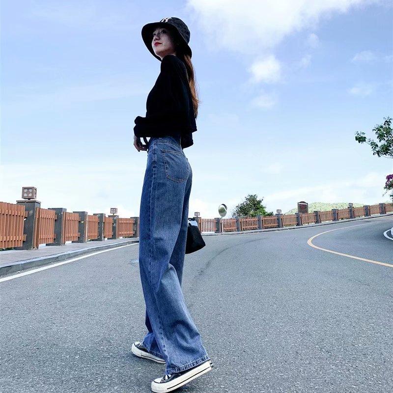 Изображение товара: Джинсы женские свободные с завышенной талией, джинсы с широкими штанинами в стиле ретро, универсальные Простые Длинные Модные шикарные на молнии в Корейском стиле, для отдыха