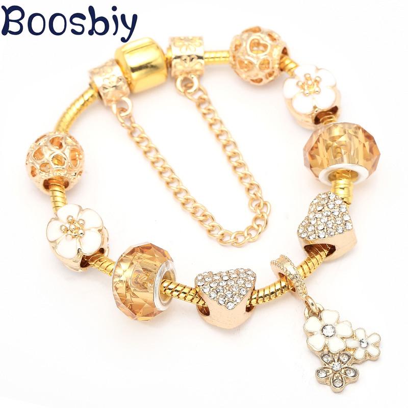 Изображение товара: Boosbiy новый стиль золотого цвета Шарм Браслеты с романтическим цветочным кулоном DIY брендовый браслет подарок ювелирные изделия для женщин