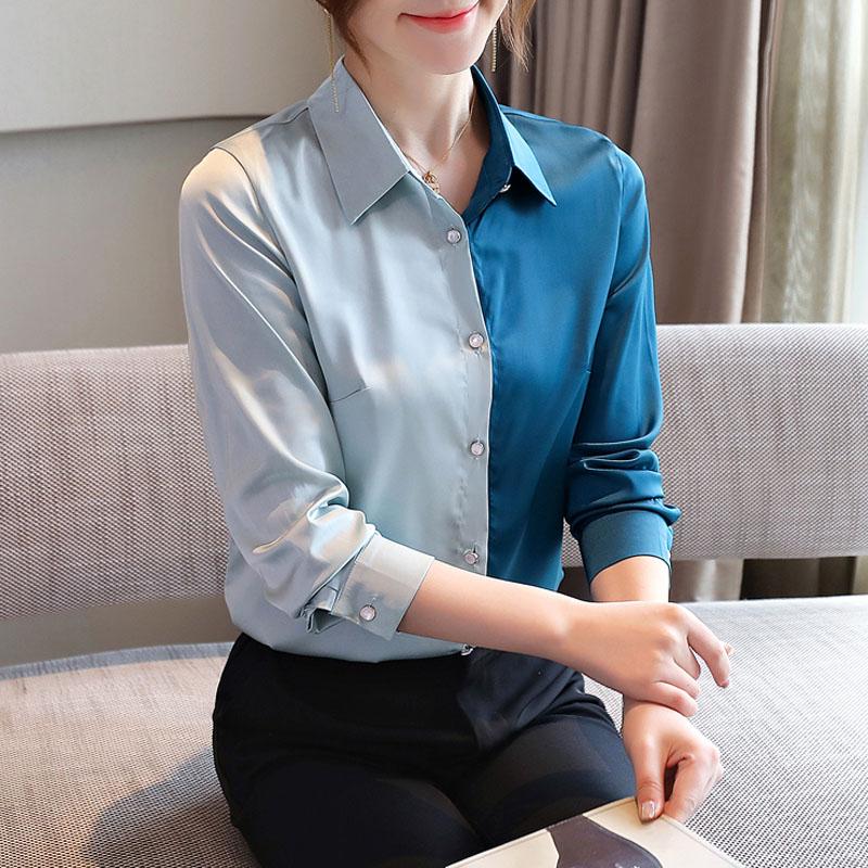 Изображение товара: Шелковые рубашки в Корейском стиле, женские Атласные Рубашки с длинным рукавом, элегантная женская шелковая блузка в стиле пэчворк, Офисная Женская атласная рубашка, топы больших размеров XXL